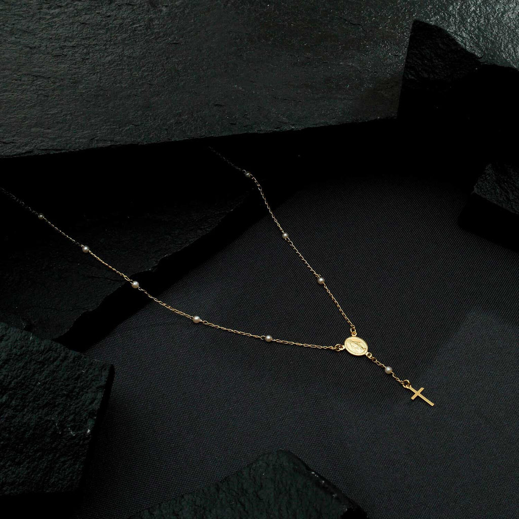 Colar Dourado Religioso Terço Cruz e Pérolas - Galeria