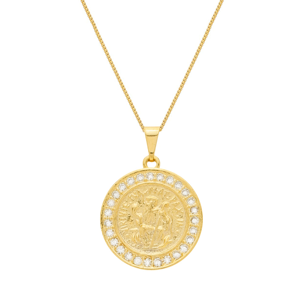 Colar Dourado Medalha São Miguel Arcanjo Cravejado de Zircônia