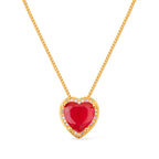 Colar Dourado de Pedra Natural Vermelha Coração Cravejado de Zircônia