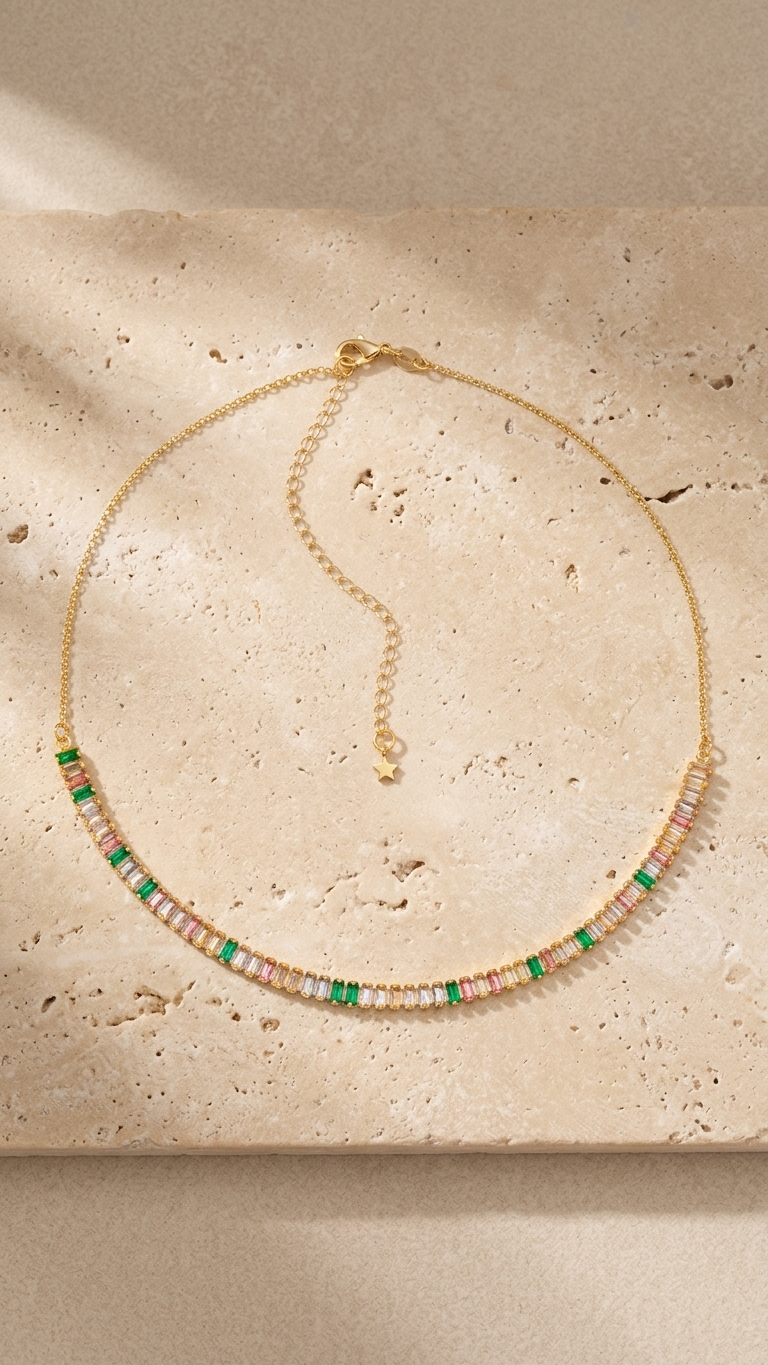 Colar Dourado Chocker de Pedras Coloridas