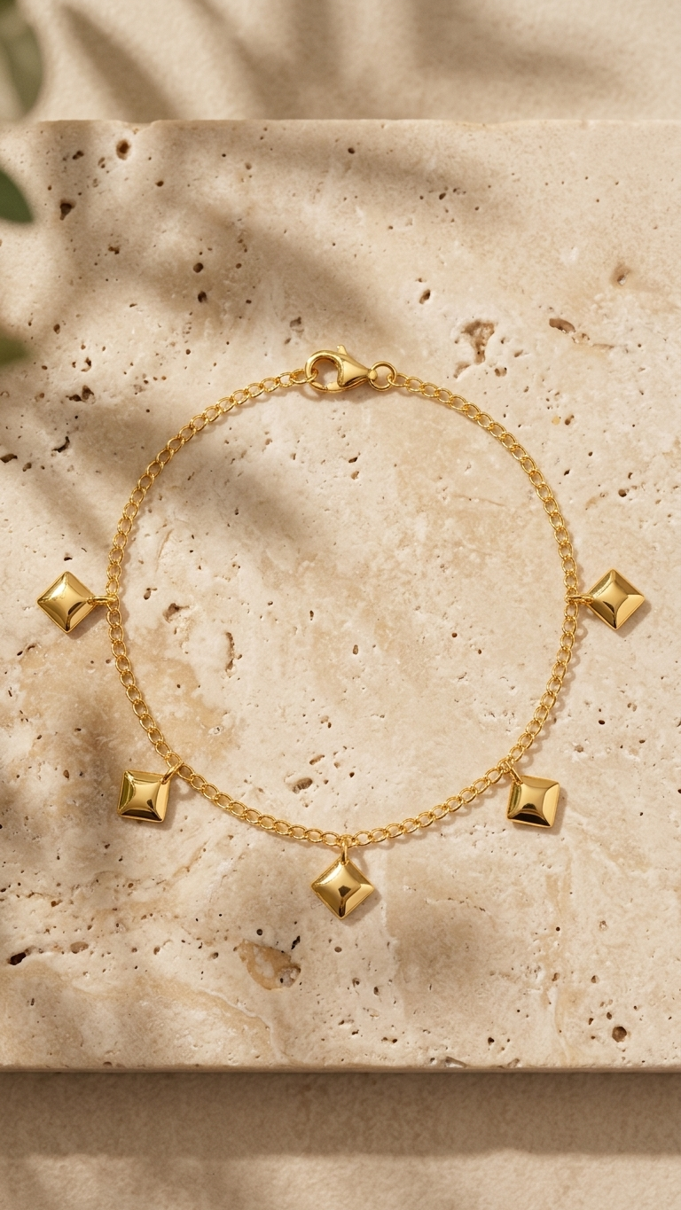 Tornozeleira Geo Shine Animia: Dourada com Chapas Quadradas