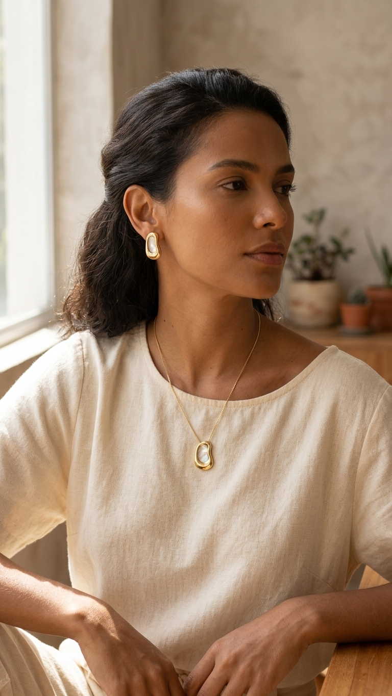 Conjunto Orgânico Galet Nacre Anímia — Colar e Brincos Banhados a Ouro