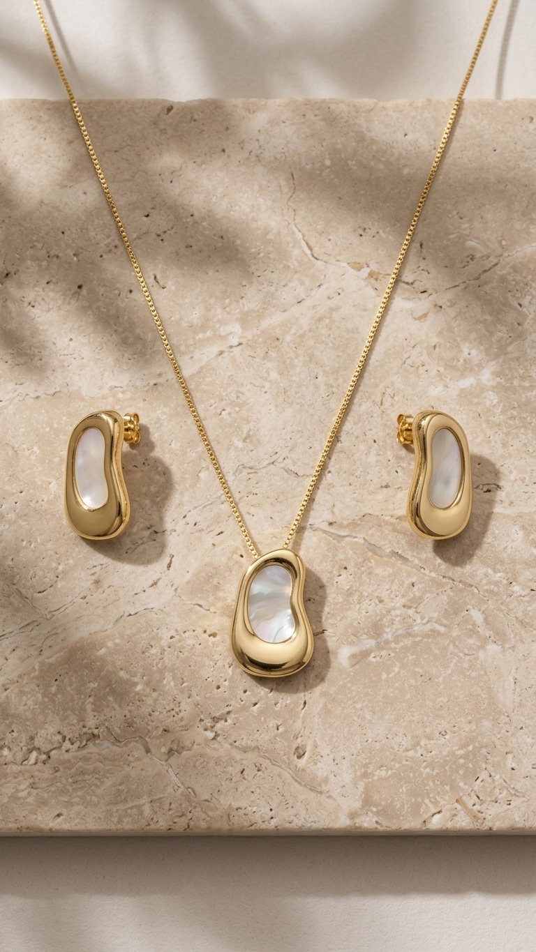 Conjunto Orgânico Galet Nacre Anímia — Colar e Brincos Banhados a Ouro
