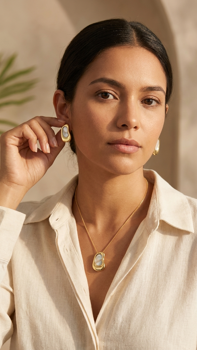 Conjunto Orgânico Galet Nacre Anímia — Colar e Brincos Banhados a Ouro